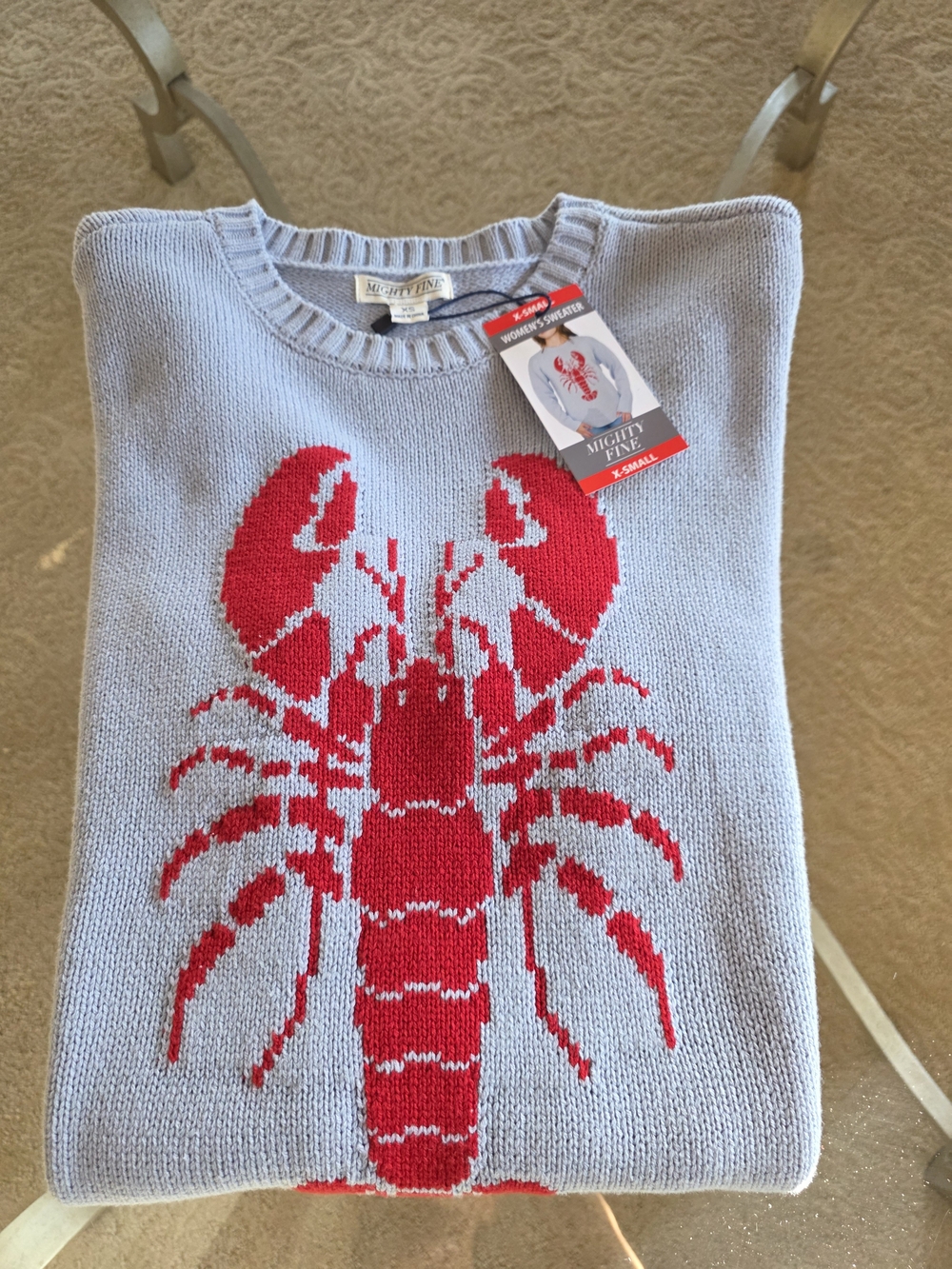 Mighty Fine Light Blue Sweater with Red Lobster Graphic